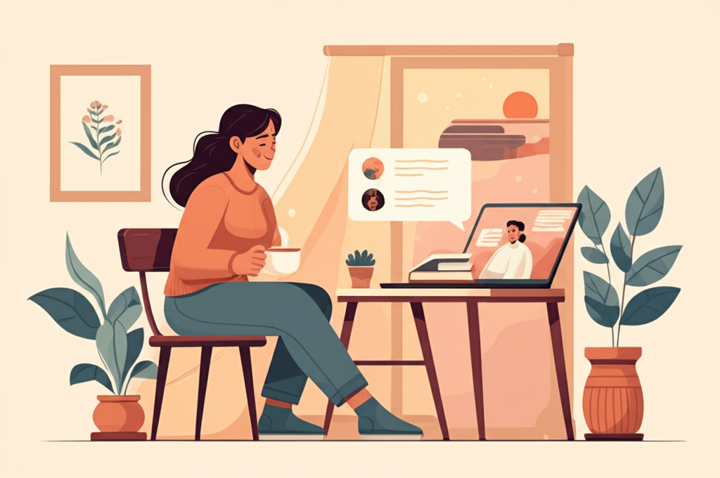 A woman having a warm conversation with Woku's AI guide in a sunlit room